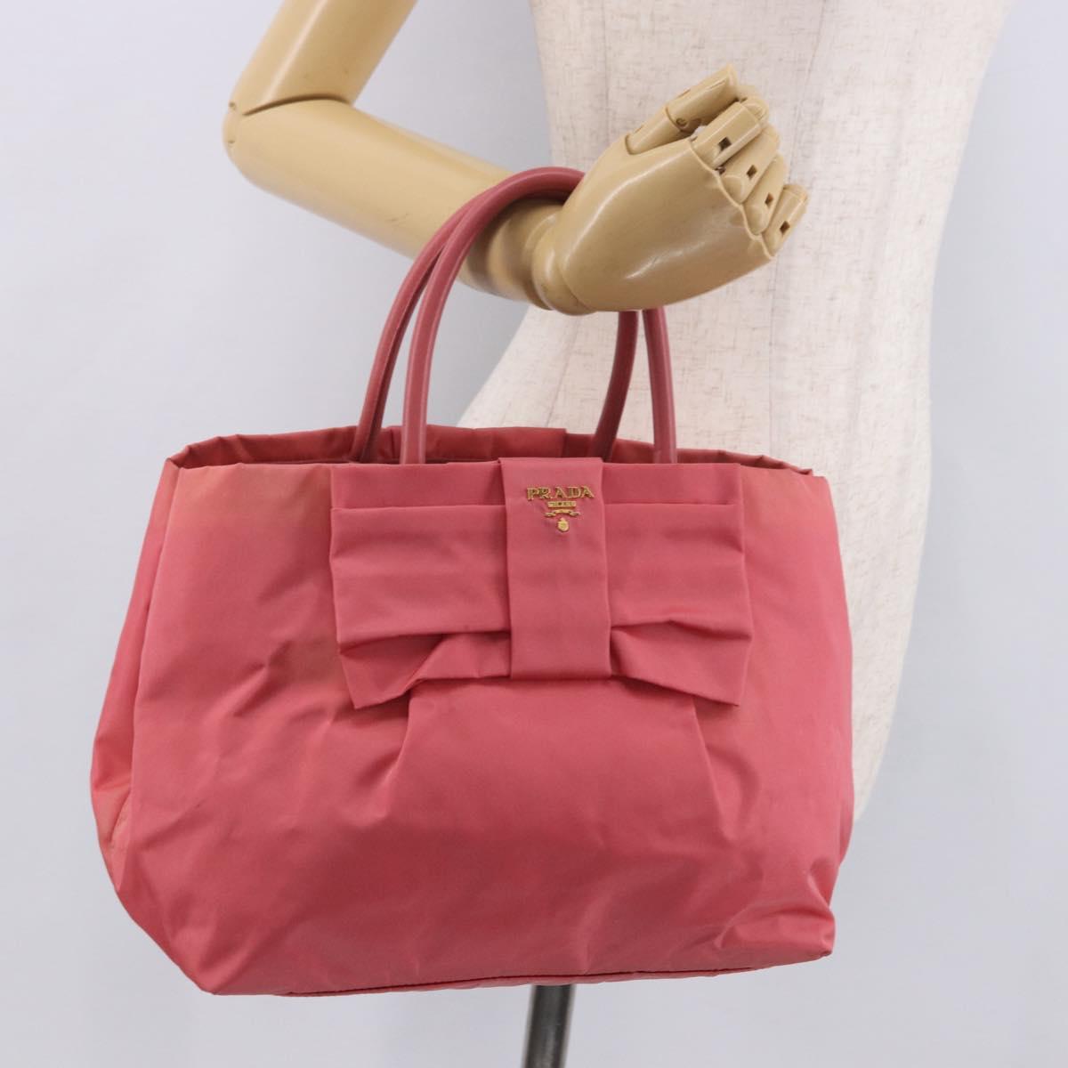 PRADA Ribbon Hand Bag Nylon Pink Gold Auth 191389A