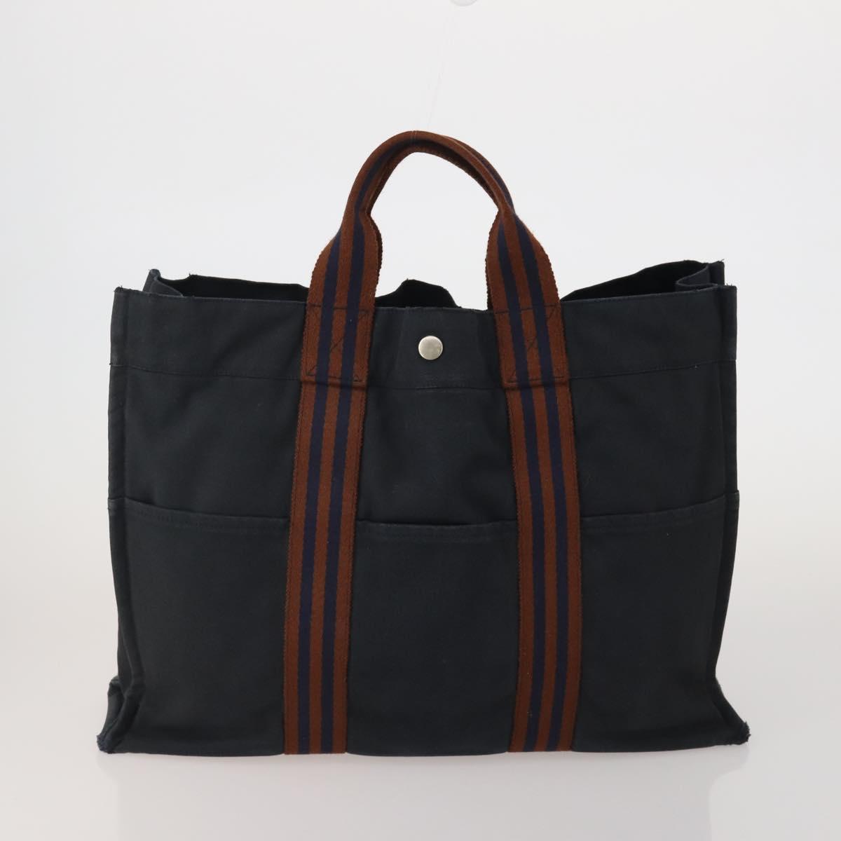 HERMES Fourre Tout MM Hand Bag Canvas 5 Set Navy Black Auth 191437