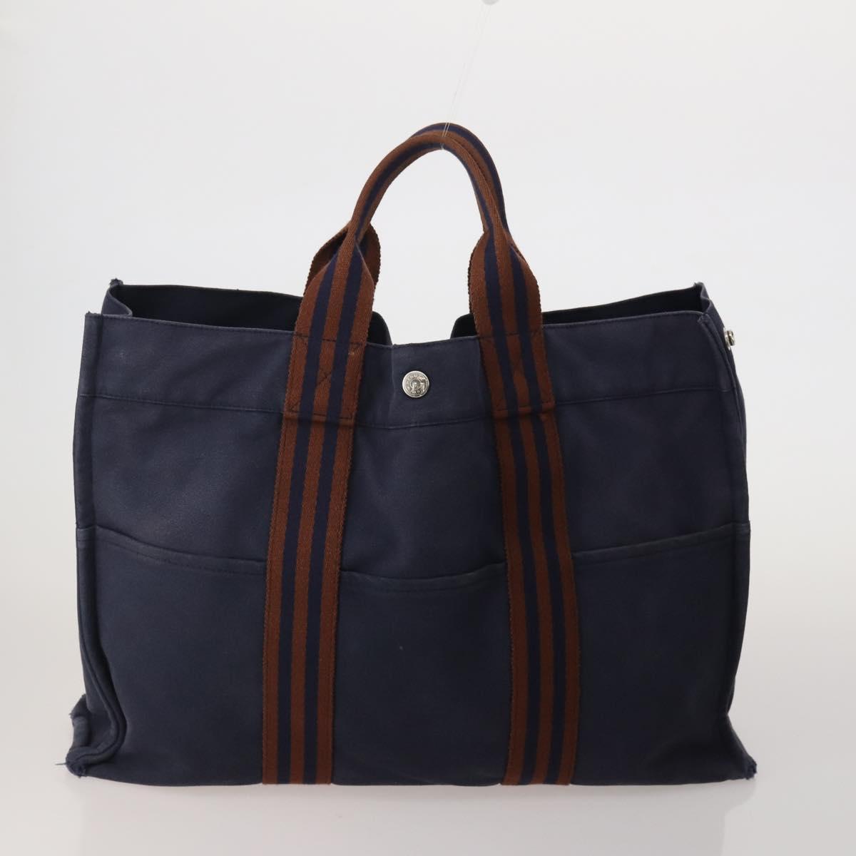 HERMES Fourre Tout MM Hand Bag Canvas 5 Set Navy Black Auth 191437