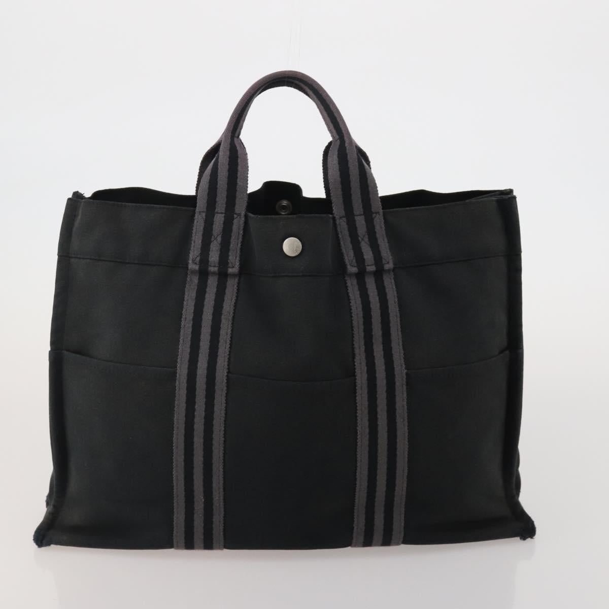 HERMES Fourre Tout MM Hand Bag Canvas 5 Set Navy Black Auth 191437