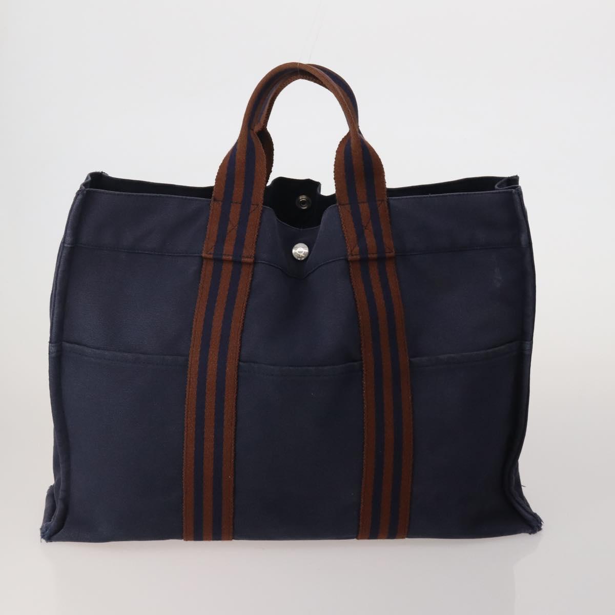 HERMES Fourre Tout MM Hand Bag Canvas 5 Set Navy Black Auth 191437