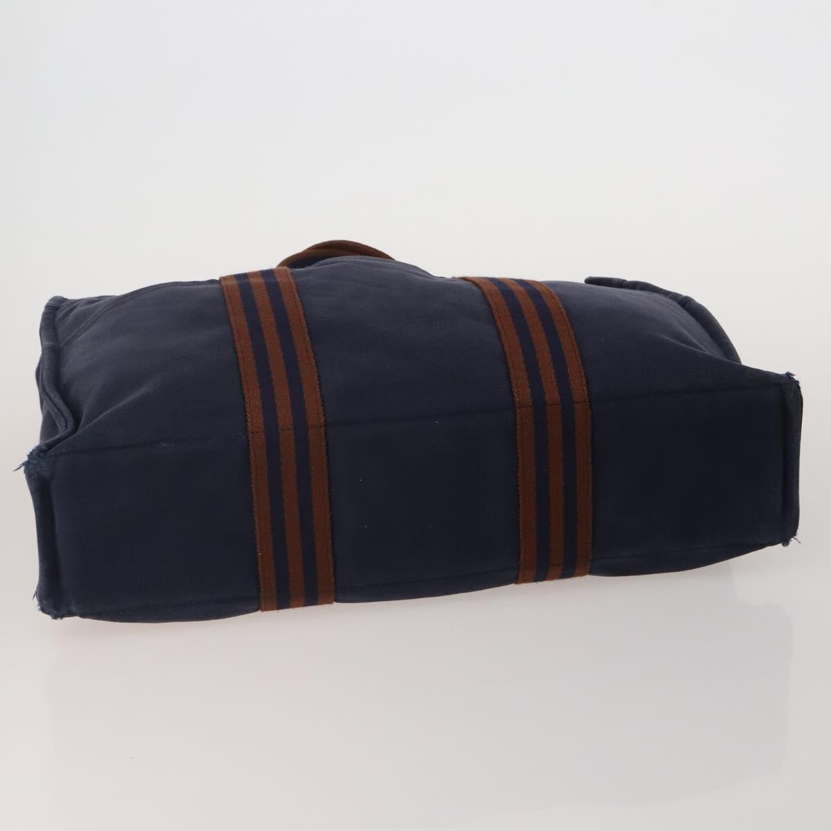 HERMES Fourre Tout MM Hand Bag Canvas 5 Set Navy Black Auth 191437
