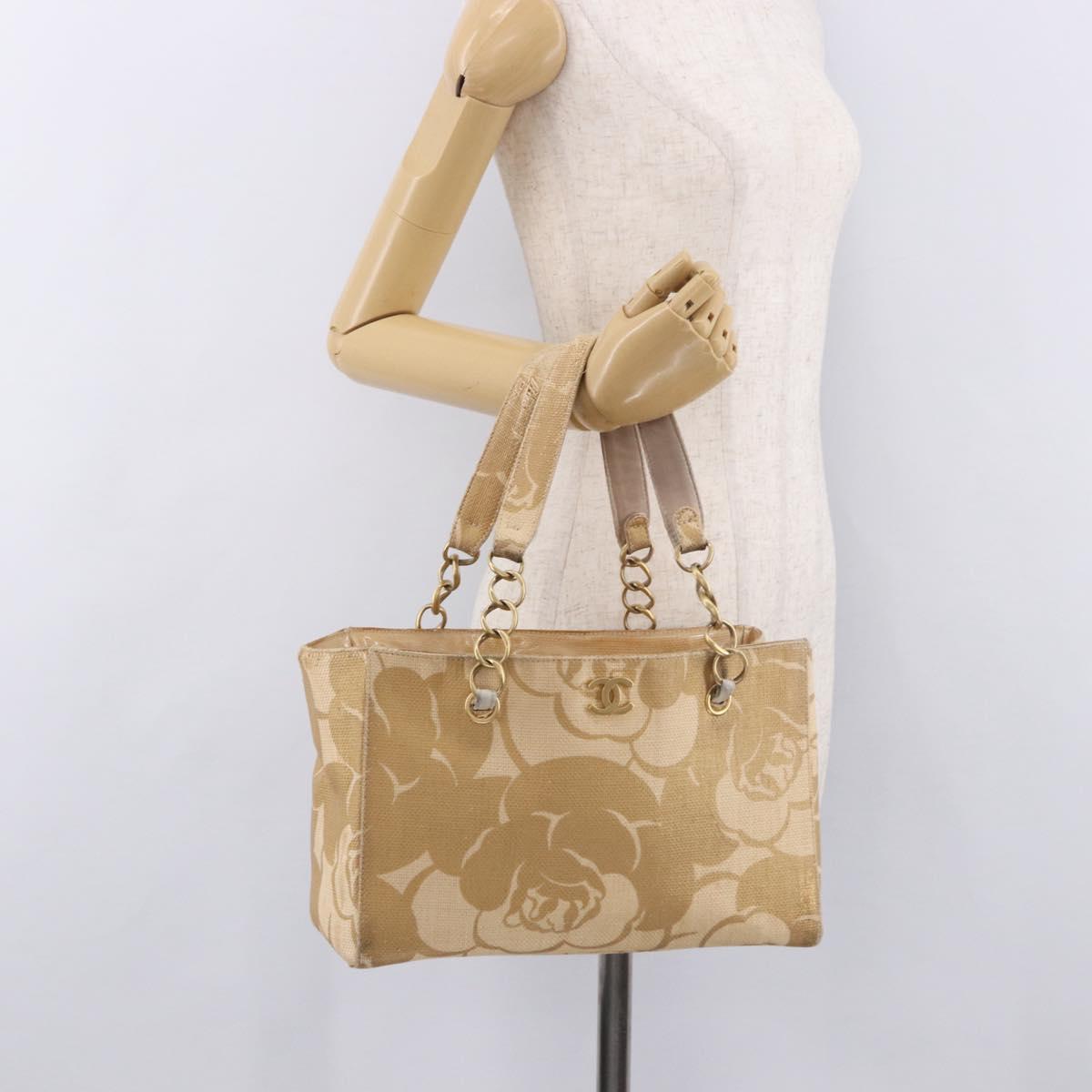 CHANEL Chain Shoulder Tote Bag Raffia Beige Gold CC Auth 191448V