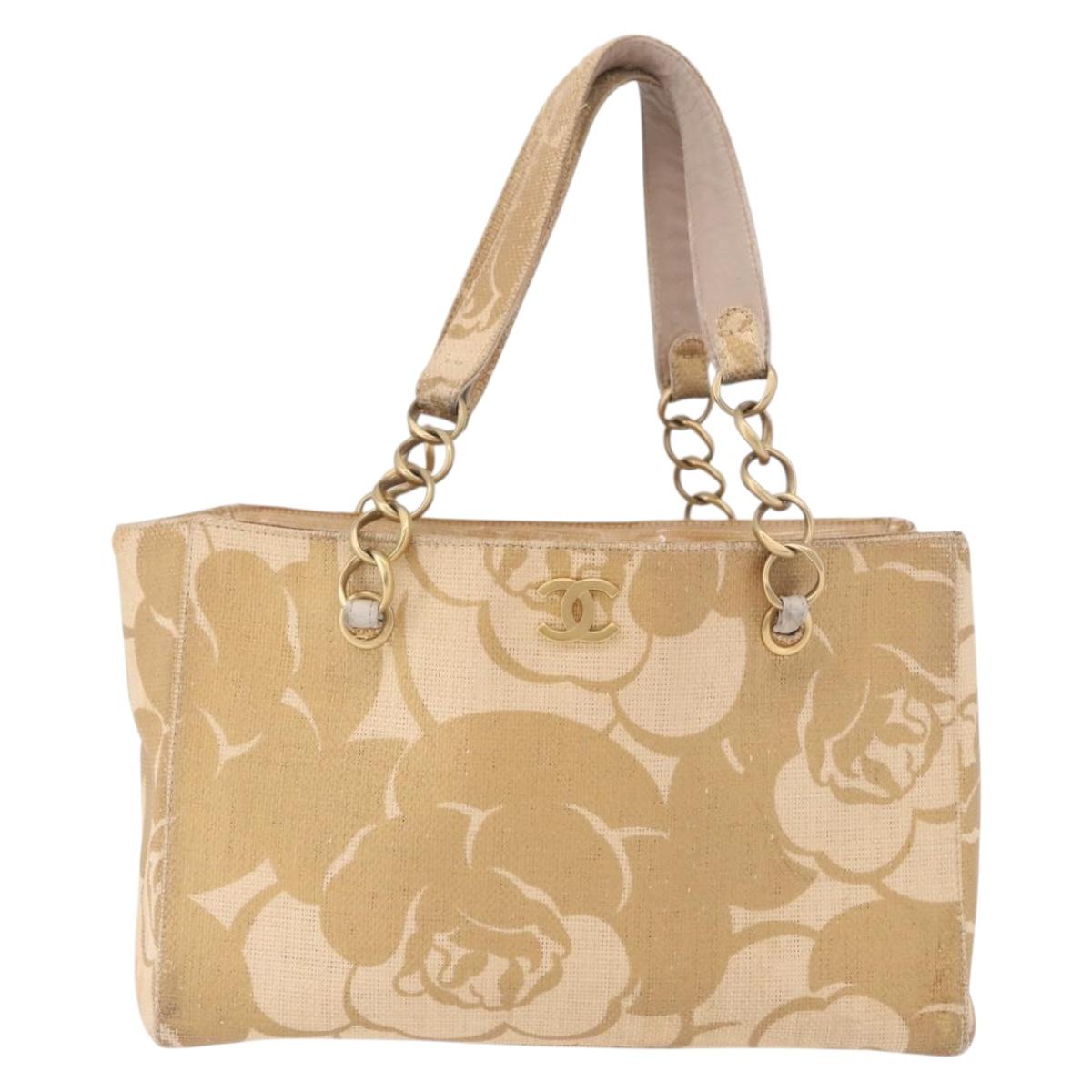 CHANEL Chain Shoulder Tote Bag Raffia Beige Gold CC Auth 191448V