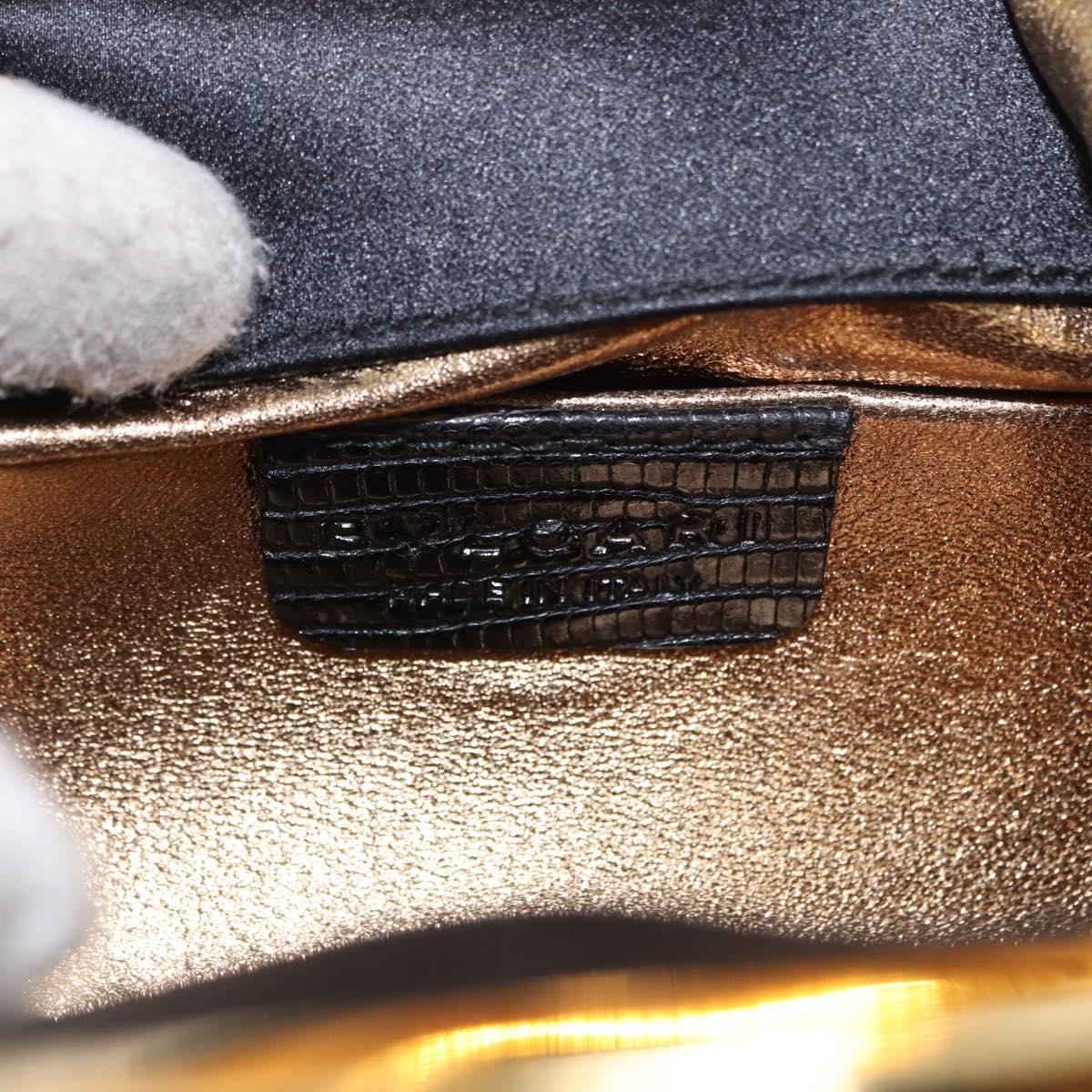 BVLGARI Feather Hand Bag Satin Black Gold Auth 191451SM