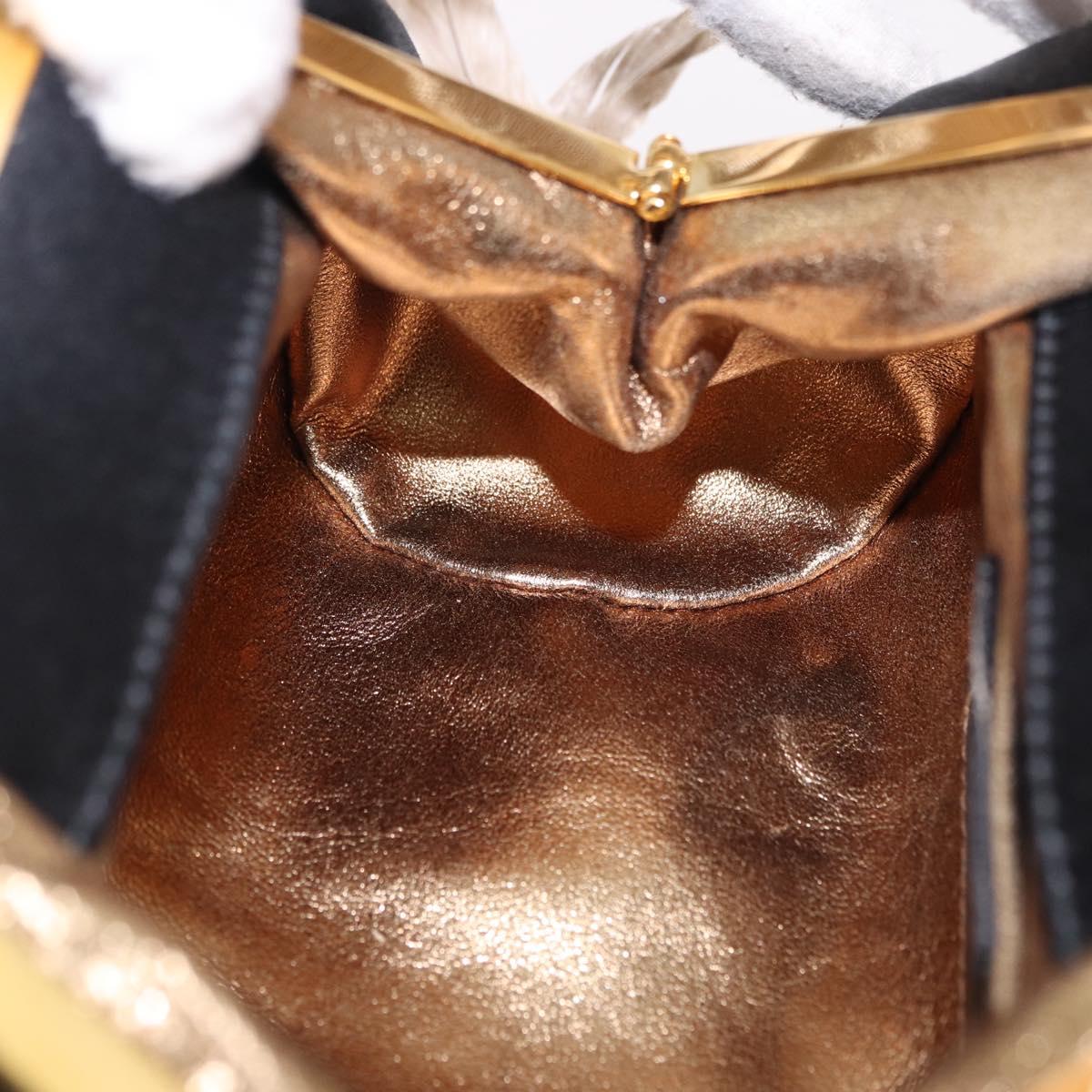 BVLGARI Feather Hand Bag Satin Black Gold Auth 191451SM