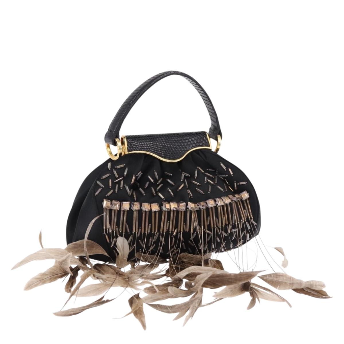 BVLGARI Feather Hand Bag Satin Black Gold Auth 191451SM