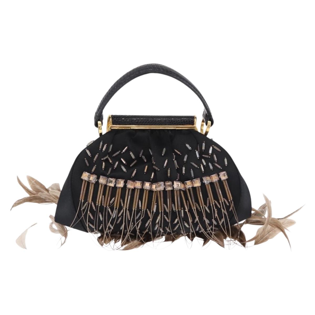 BVLGARI Feather Hand Bag Satin Black Gold Auth 191451SM