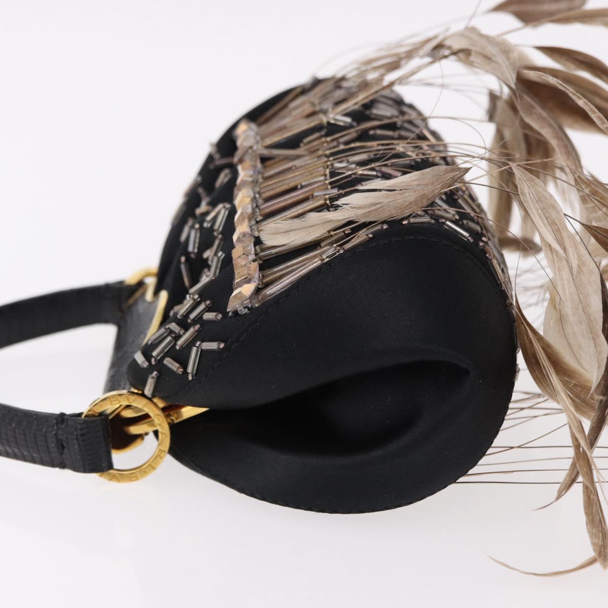 BVLGARI Feather Hand Bag Satin Black Gold Auth 191451SM