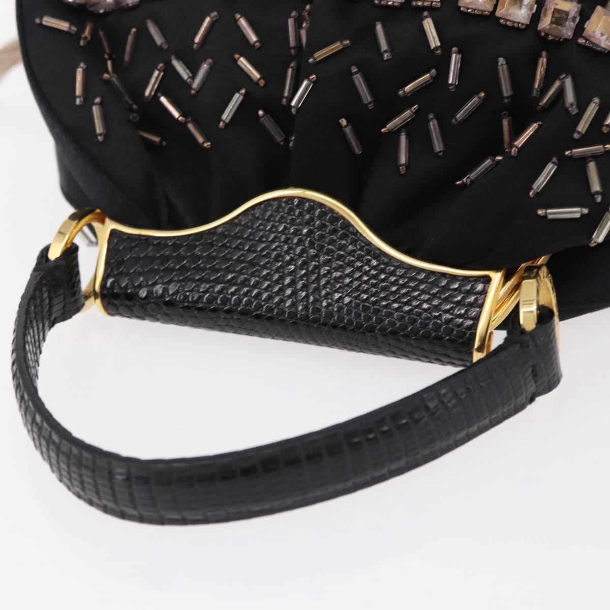 BVLGARI Feather Hand Bag Satin Black Gold Auth 191451SM