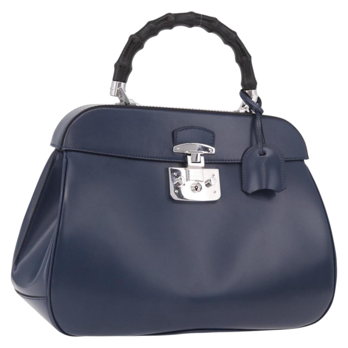 GUCCI Ready Lock Bamboo Hand Bag Leather Navy Silver 331829 Auth 191453V