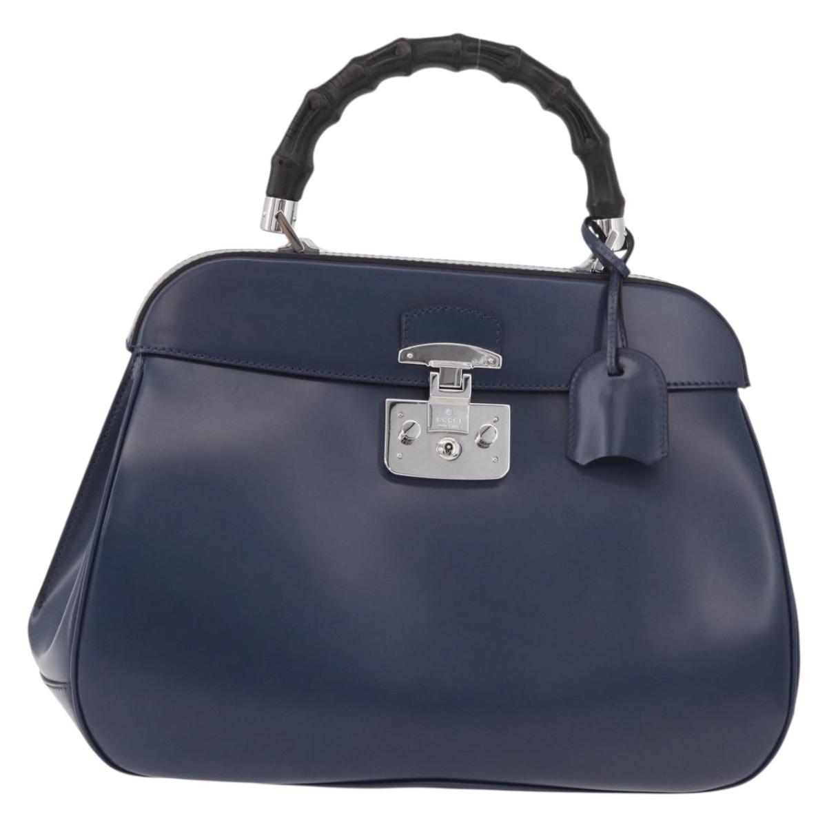 GUCCI Ready Lock Bamboo Hand Bag Leather Navy Silver 331829 Auth 191453V