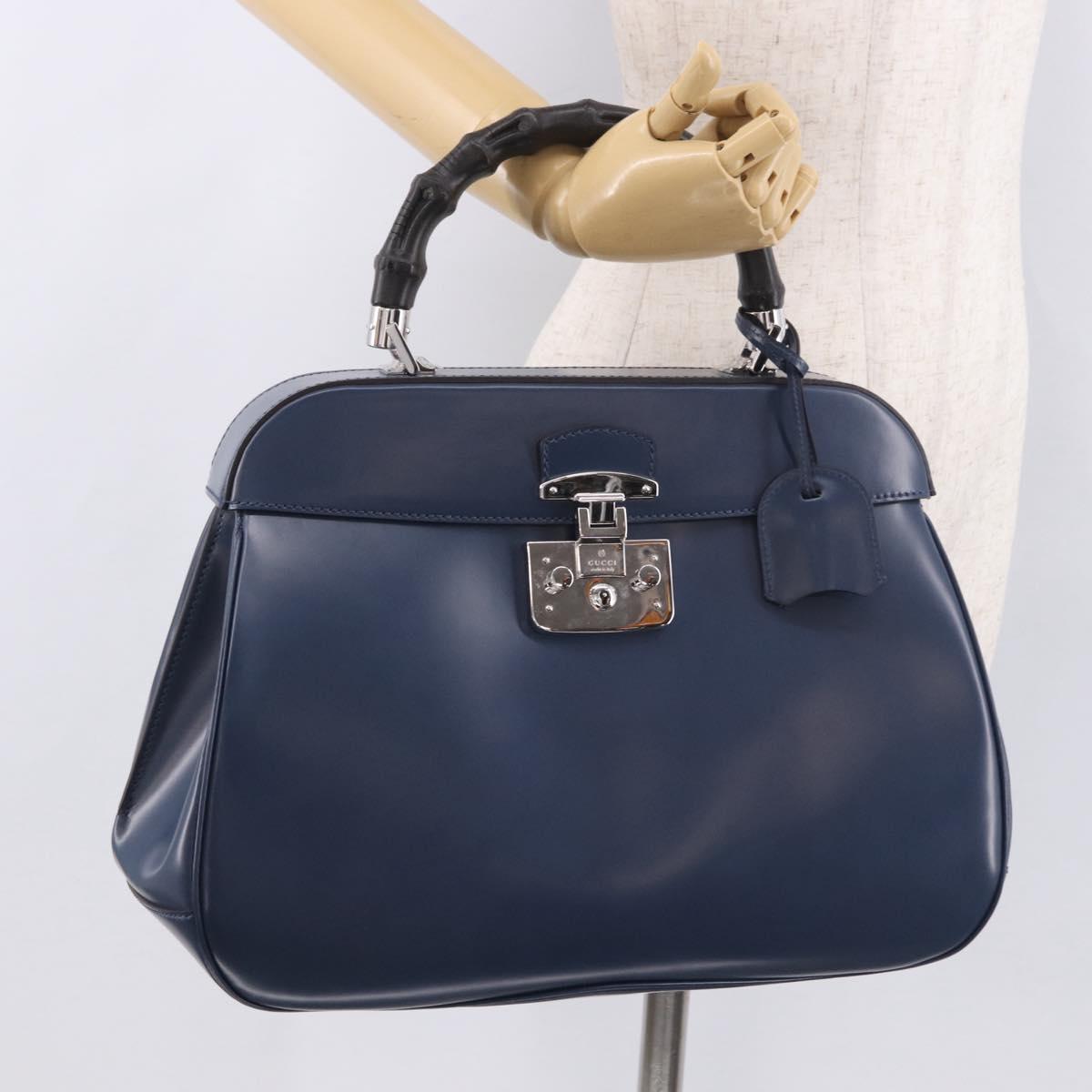 GUCCI Ready Lock Bamboo Hand Bag Leather Navy Silver 331829 Auth 191453V