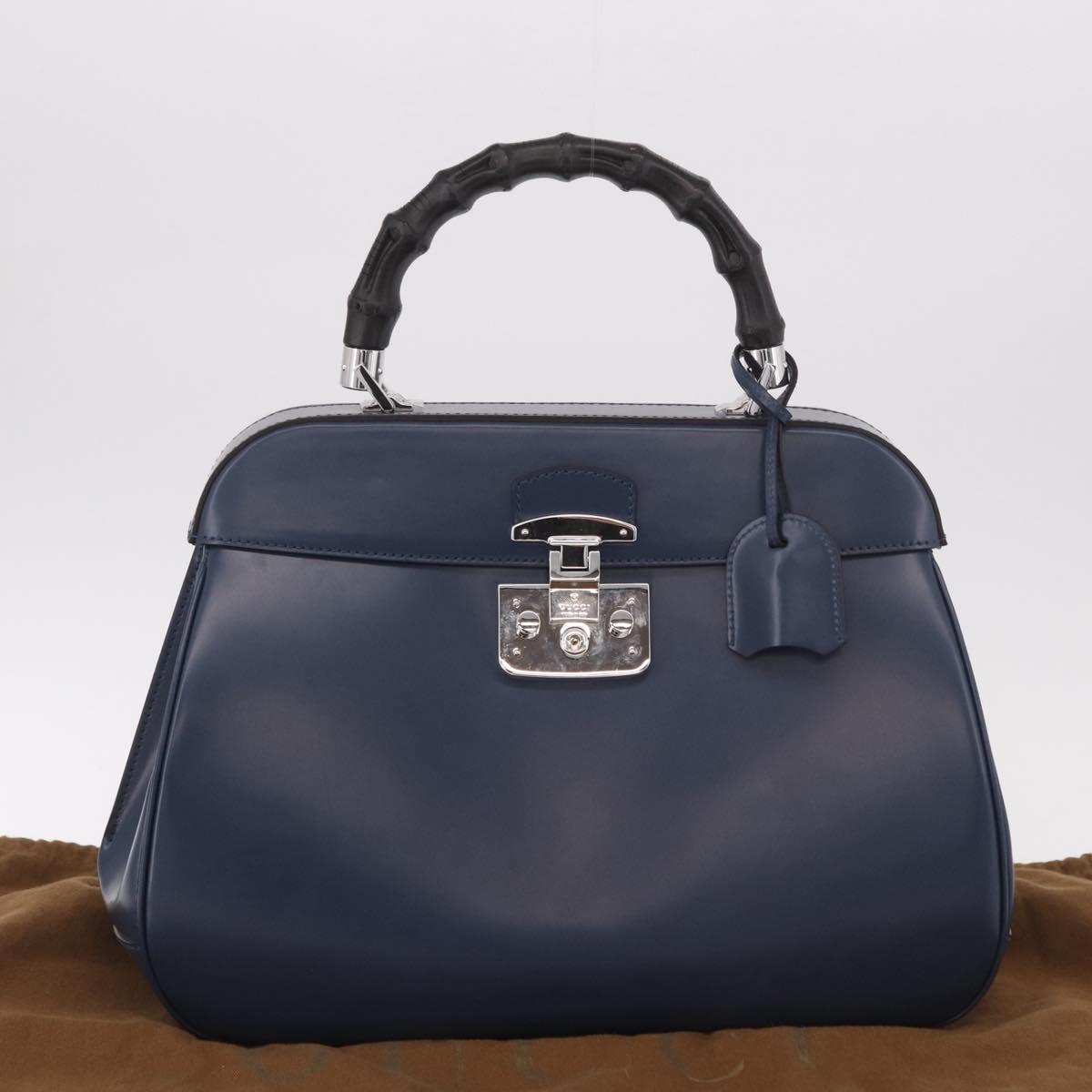 GUCCI Ready Lock Bamboo Hand Bag Leather Navy Silver 331829 Auth 191453V