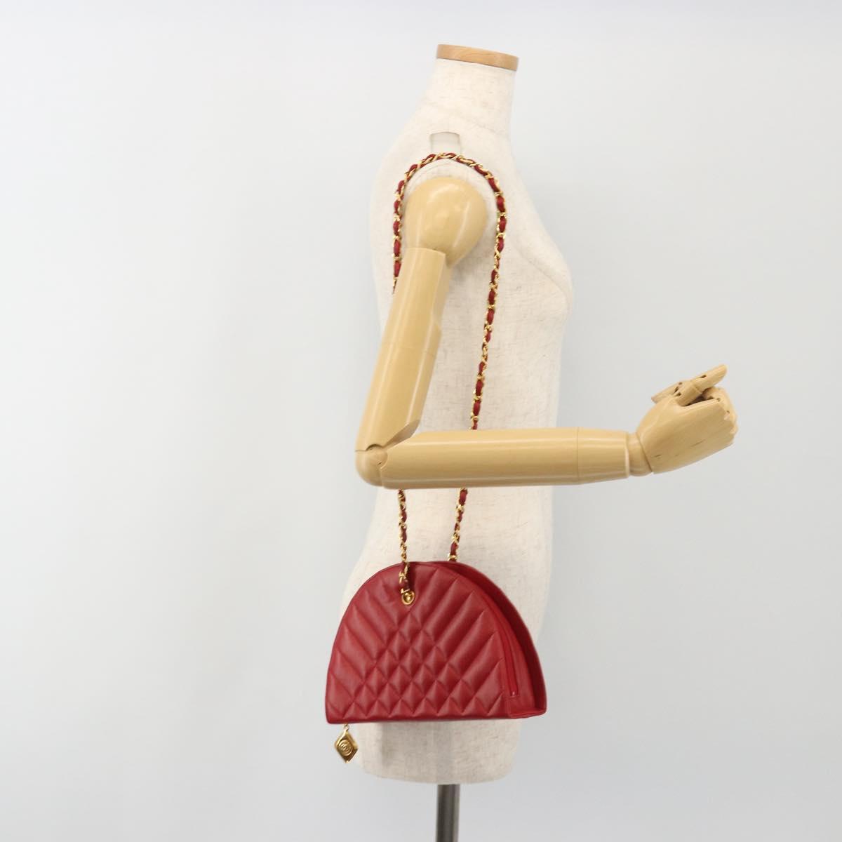 CHANEL Matelasse Chain Shoulder Bag Lamb Skin Red Gold CC Auth 191454V