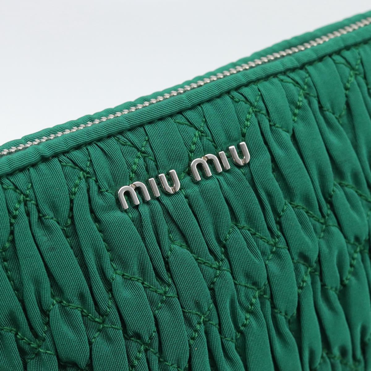Miu Miu Gathered Bijoux Chain Shoulder Bag Canvas Green Silver Auth 191478SM