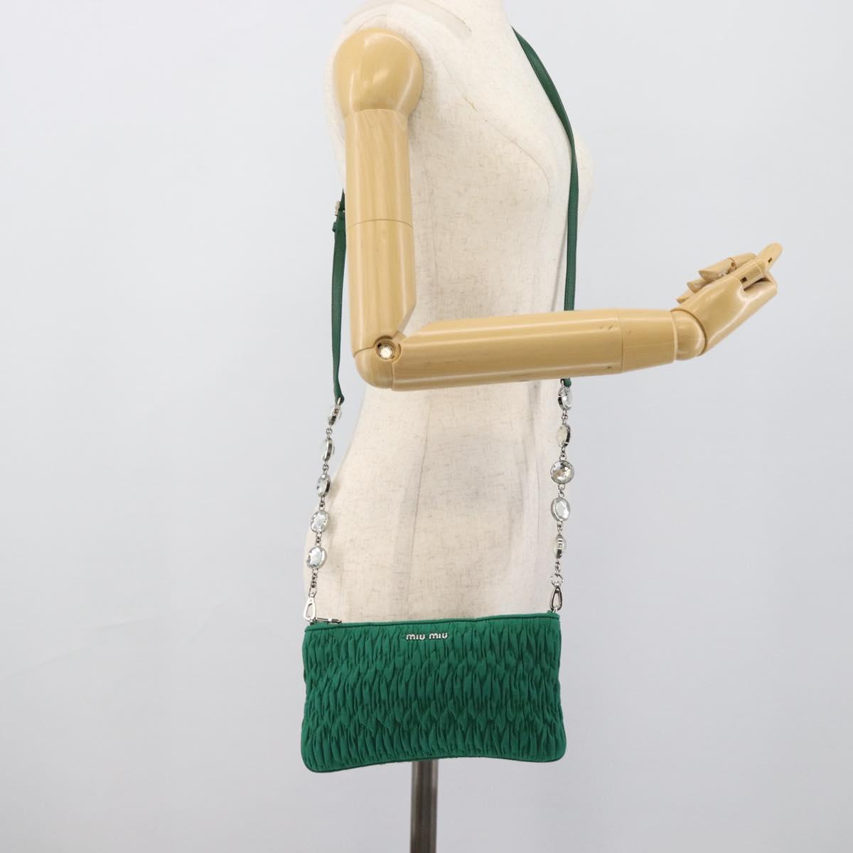 Miu Miu Gathered Bijoux Chain Shoulder Bag Canvas Green Silver Auth 191478SM