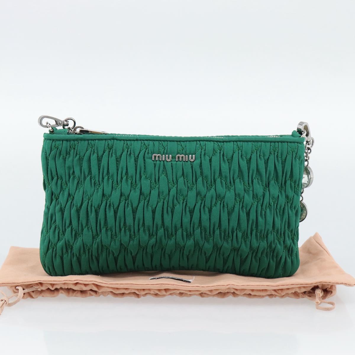 Miu Miu Gathered Bijoux Chain Shoulder Bag Canvas Green Silver Auth 191478SM