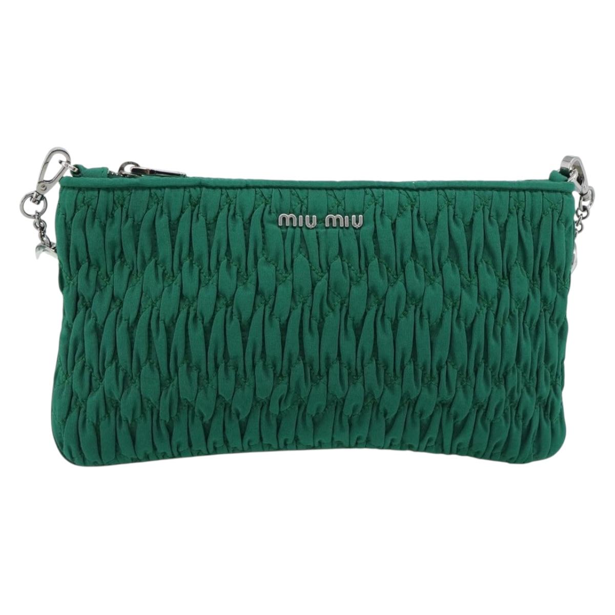 Miu Miu Gathered Bijoux Chain Shoulder Bag Canvas Green Silver Auth 191478SM