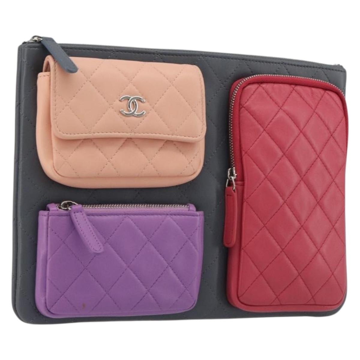 CHANEL Matelasse Clutch Bag Lamb Skin Gray Silver CC Auth 191479SM