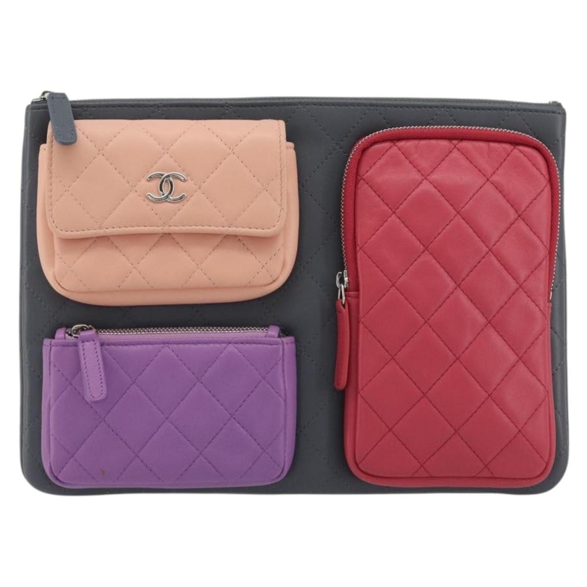 CHANEL Matelasse Clutch Bag Lamb Skin Gray Silver CC Auth 191479SM