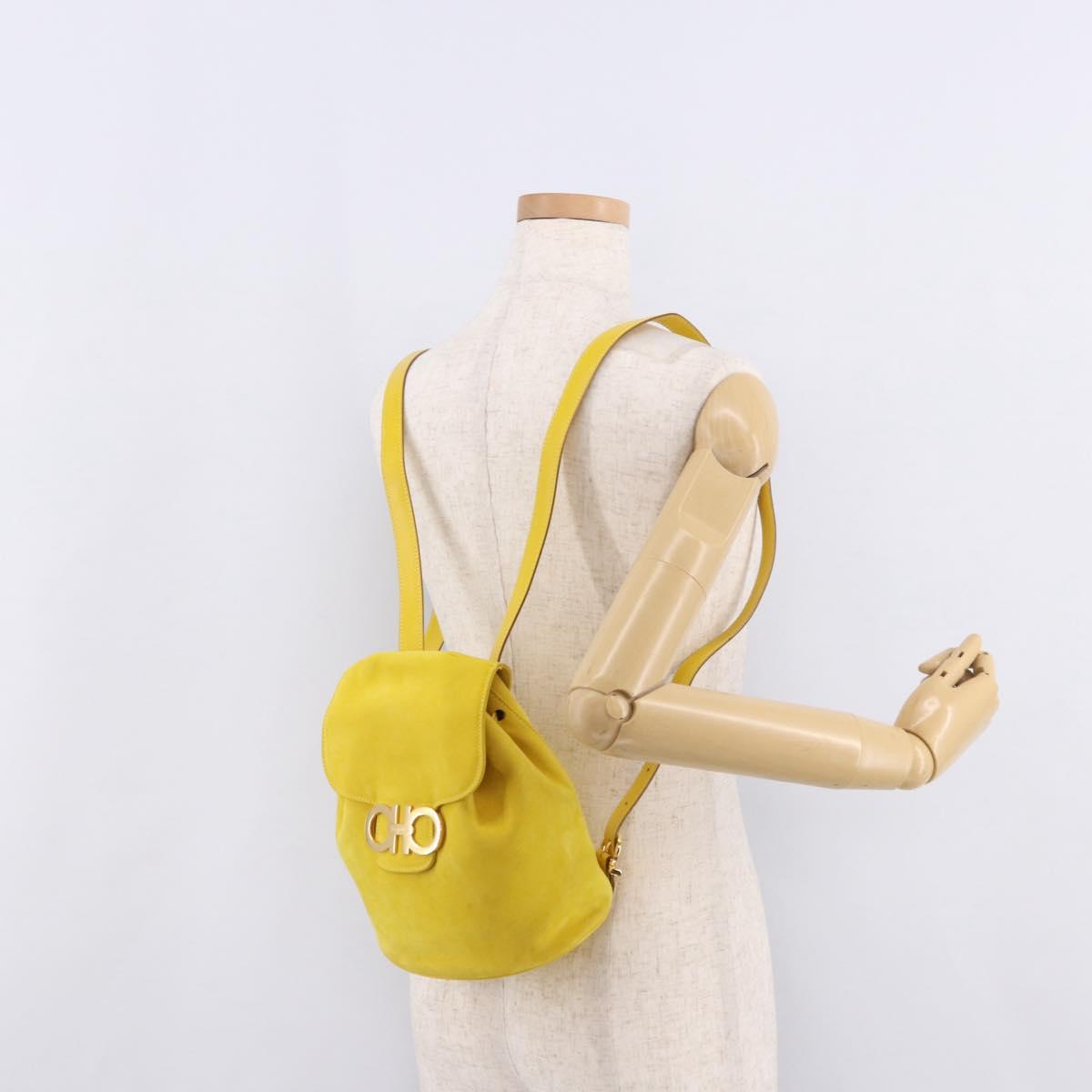 Salvatore Ferragamo Gancini Backpack Suede Yellow Gold Auth 191490A