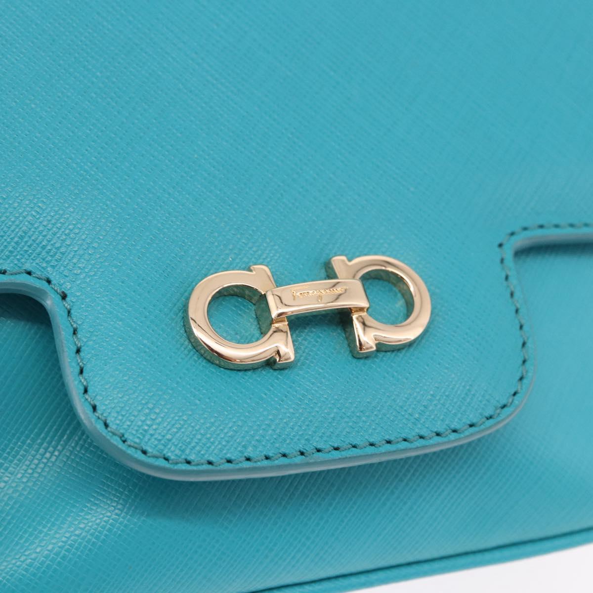 Salvatore Ferragamo Gancini Chain Shoulder Bag Leather Blue Gold Auth 191493A