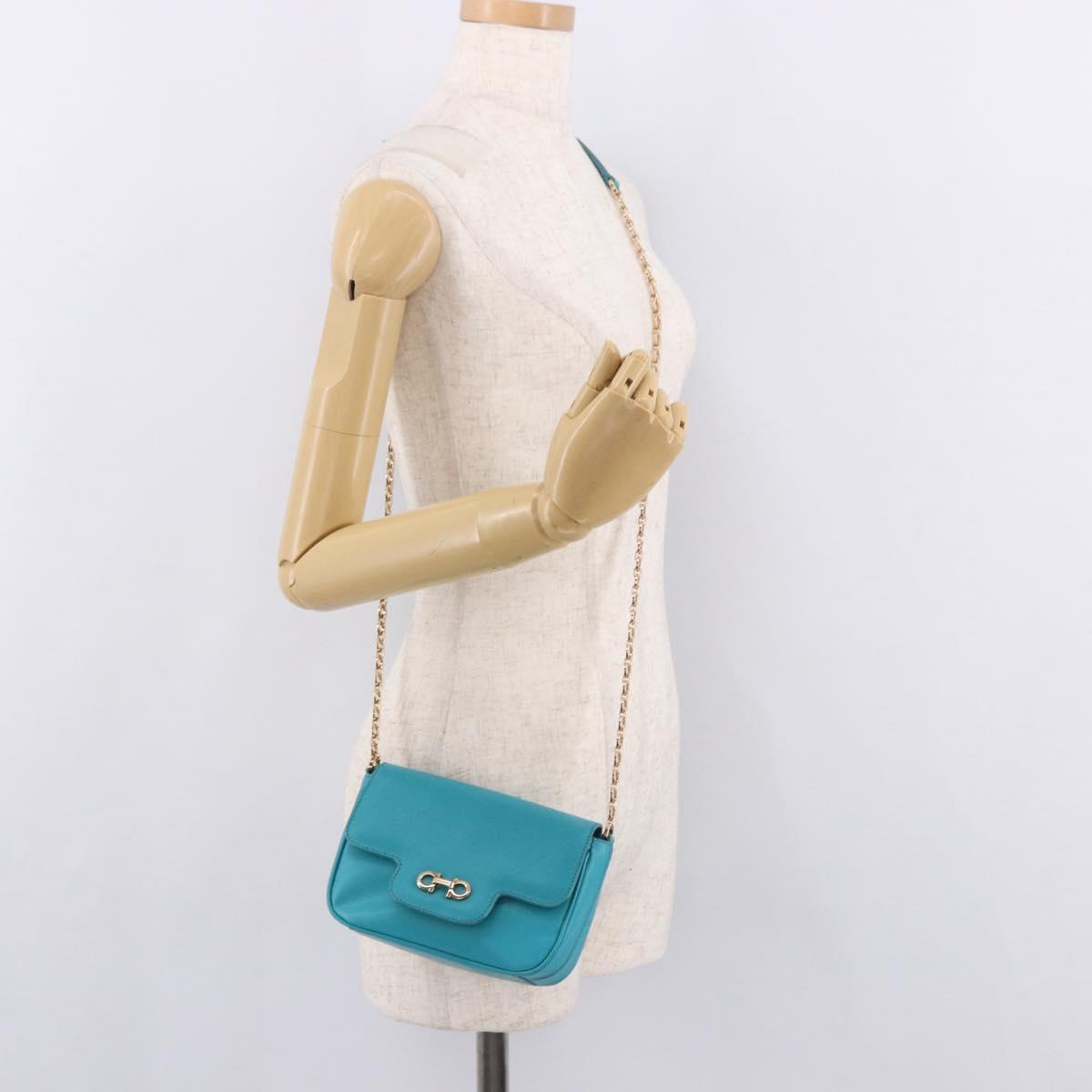 Salvatore Ferragamo Gancini Chain Shoulder Bag Leather Blue Gold Auth 191493A