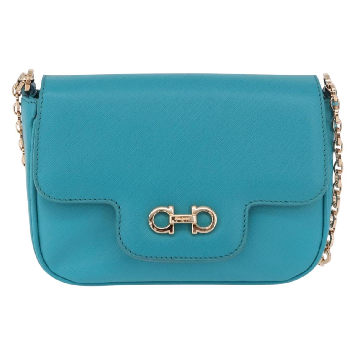 Salvatore Ferragamo Gancini Chain Shoulder Bag Leather Blue Gold Auth 191493A