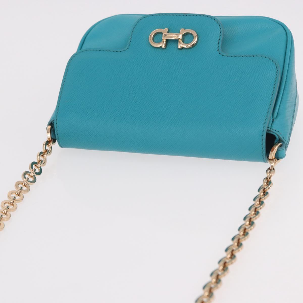 Salvatore Ferragamo Gancini Chain Shoulder Bag Leather Blue Gold Auth 191493A