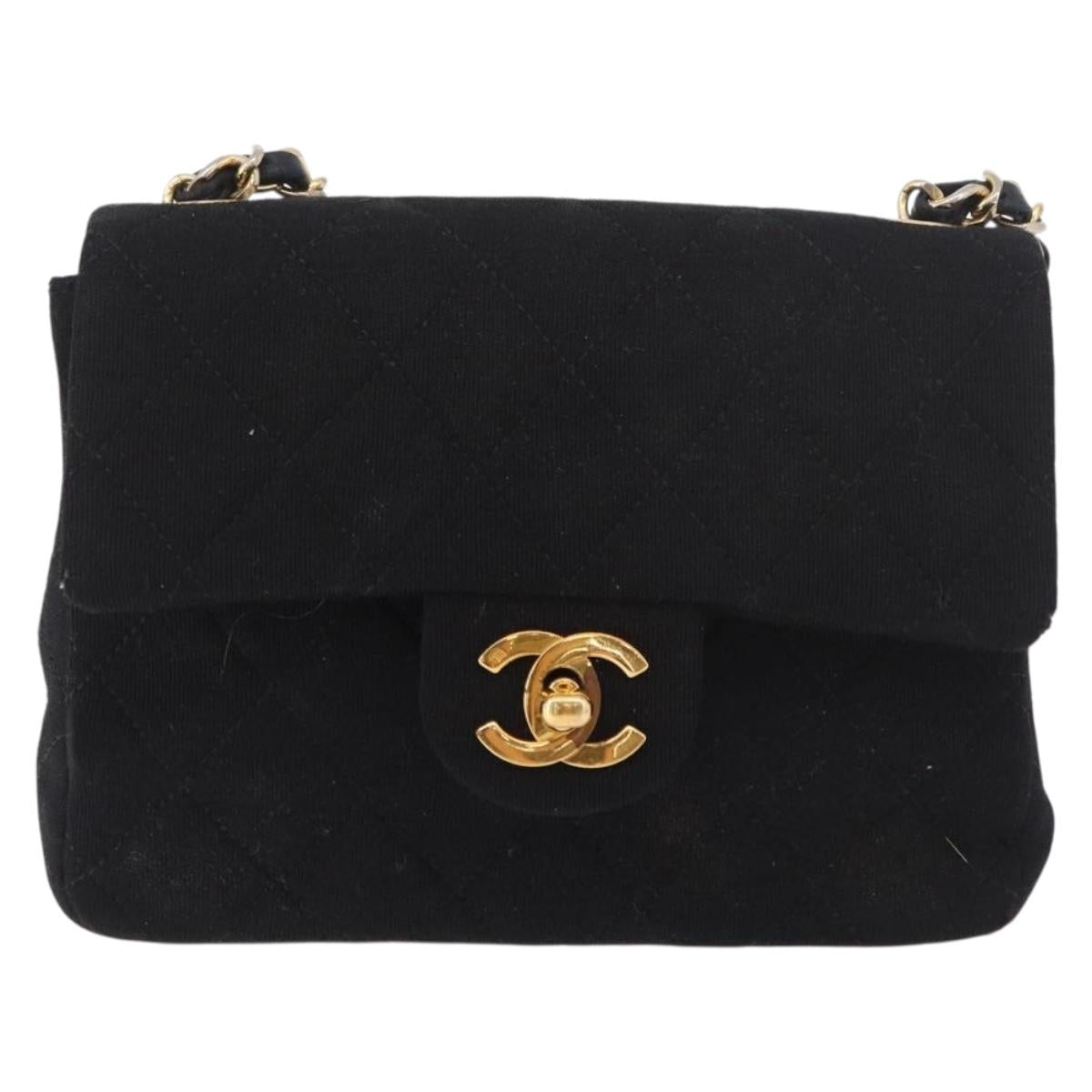 CHANEL Mini Matelasse 17 Chain Shoulder Bag Cotton Black Gold CC Auth 191494A