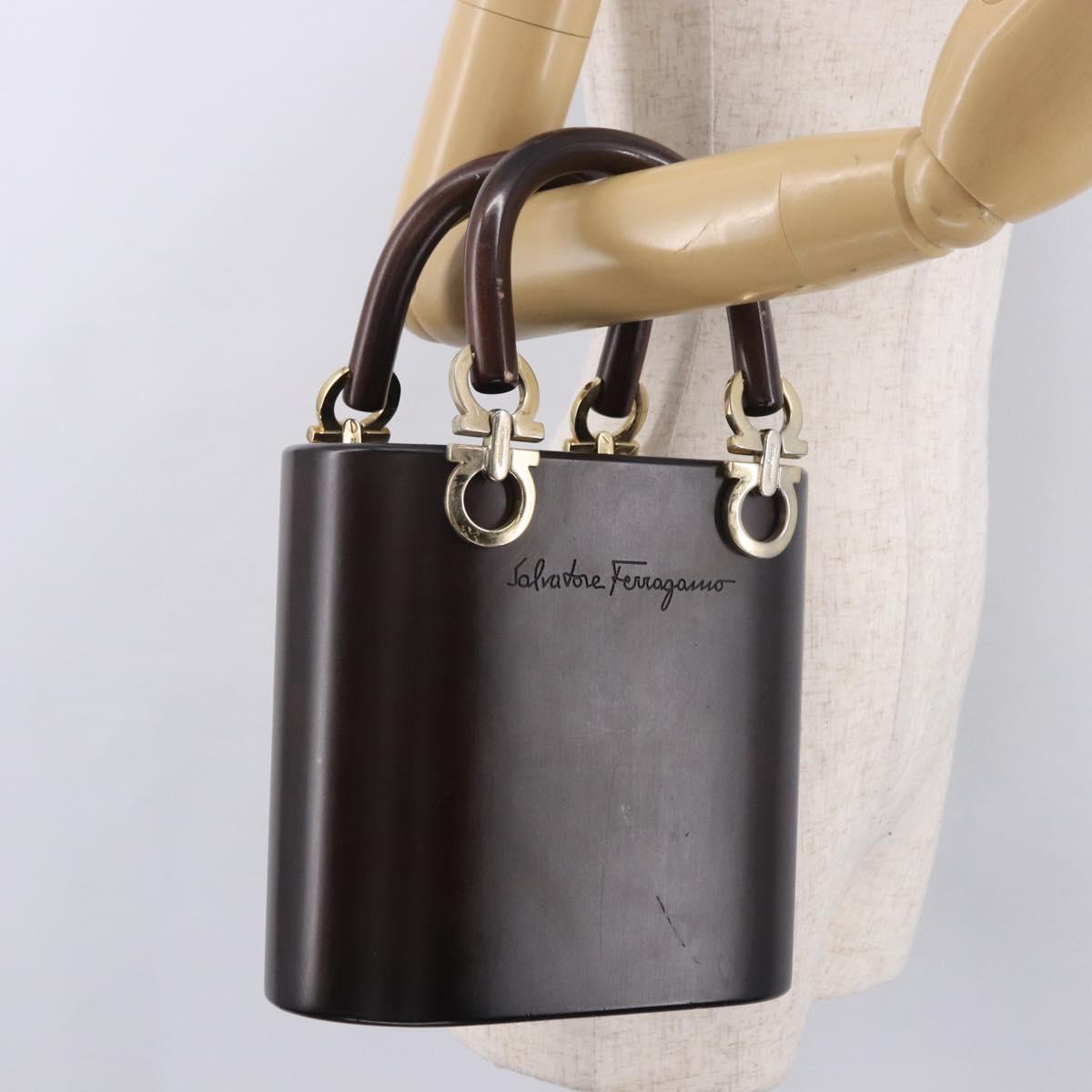 Salvatore Ferragamo Gancini Hand Bag Wood Brown Gold Auth 191507V