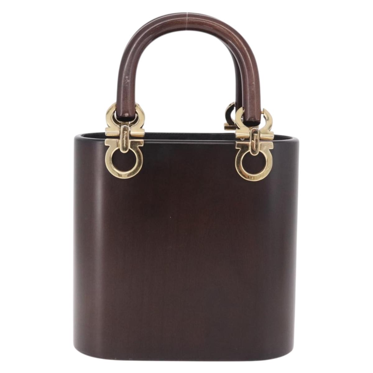 Salvatore Ferragamo Gancini Hand Bag Wood Brown Gold Auth 191507V