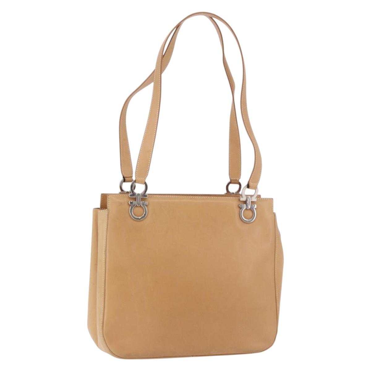 Salvatore Ferragamo Gancini Tote Bag Leather Beige Silver Auth 191526