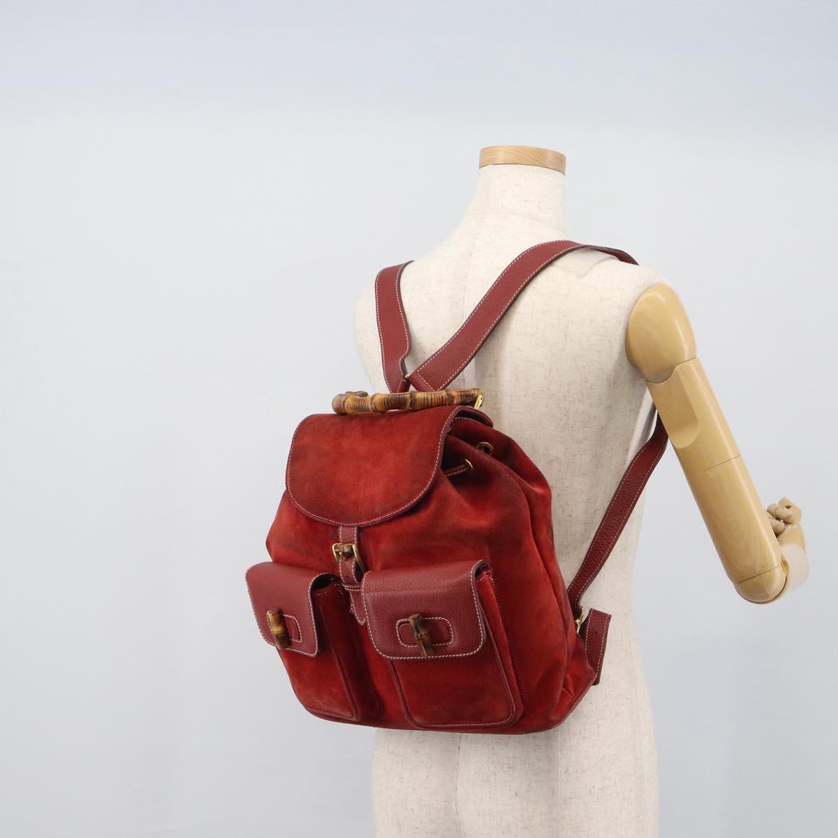 GUCCI Bamboo Backpack Suede Red Gold 003 2058 0016 Auth 191533