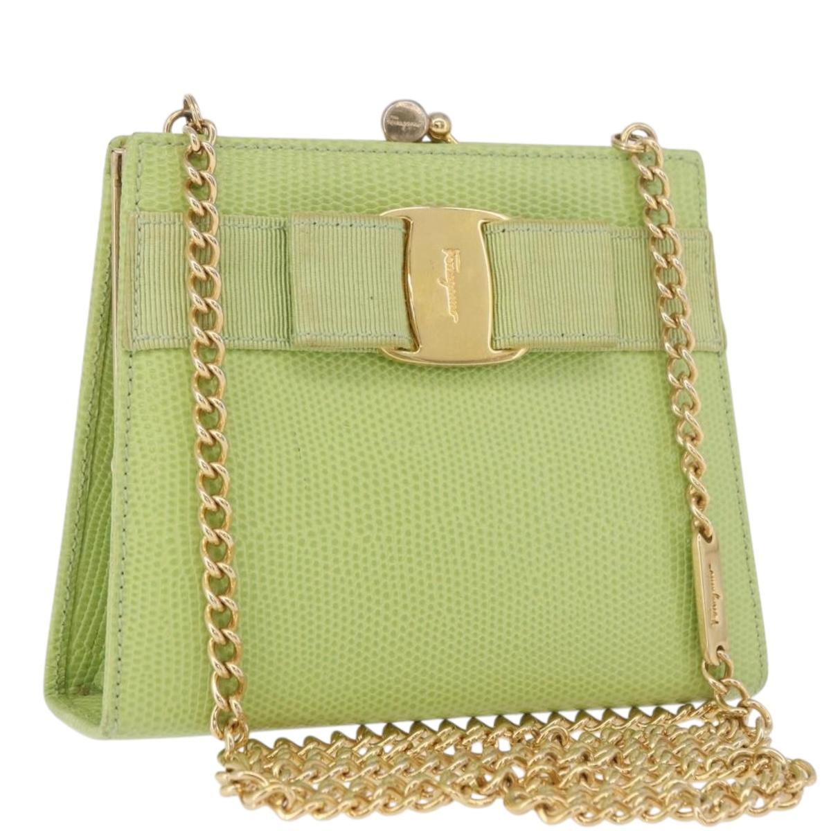 Salvatore Ferragamo Vala Chain Shoulder Bag Leather Green Gold Auth 191552A