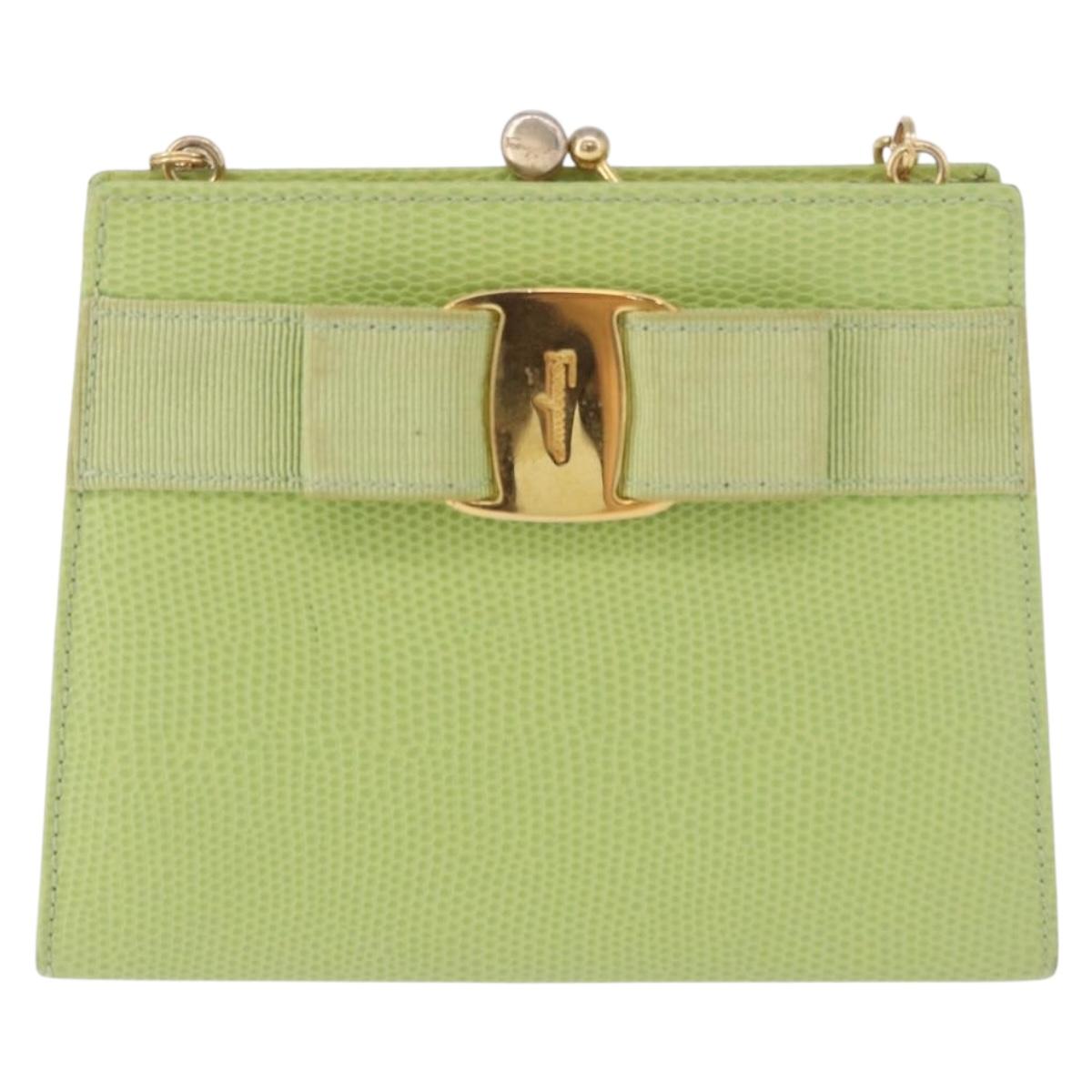 Salvatore Ferragamo Vala Chain Shoulder Bag Leather Green Gold Auth 191552A