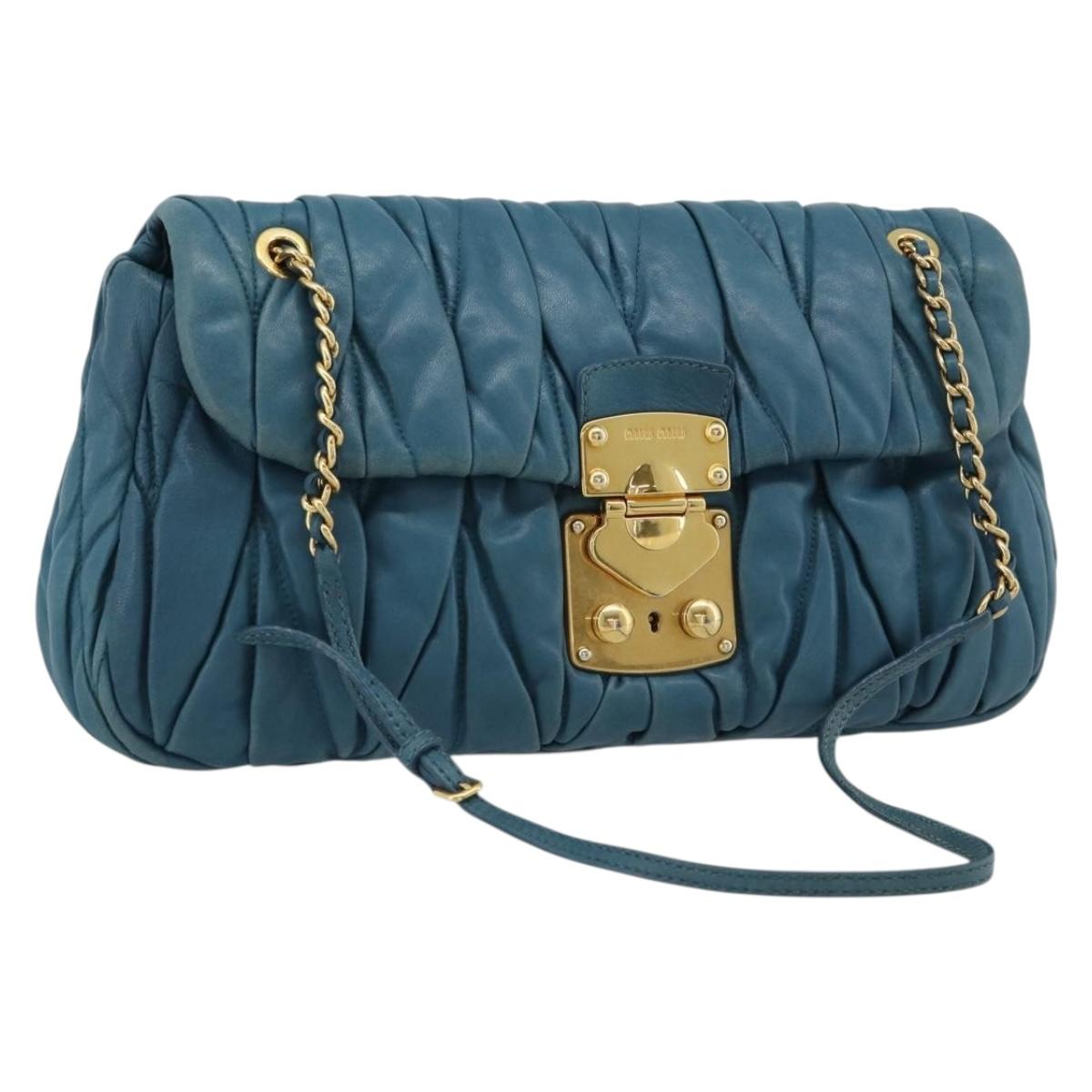 Miu Miu Matelasse Chain Shoulder Bag Leather Blue Gold Auth 191596A
