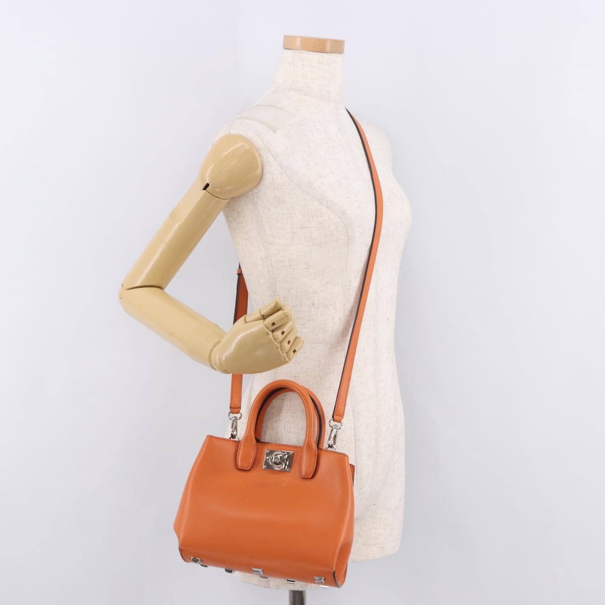 Salvatore Ferragamo Gancini Hand Bag Leather 2way Orange Silver Auth 191599A