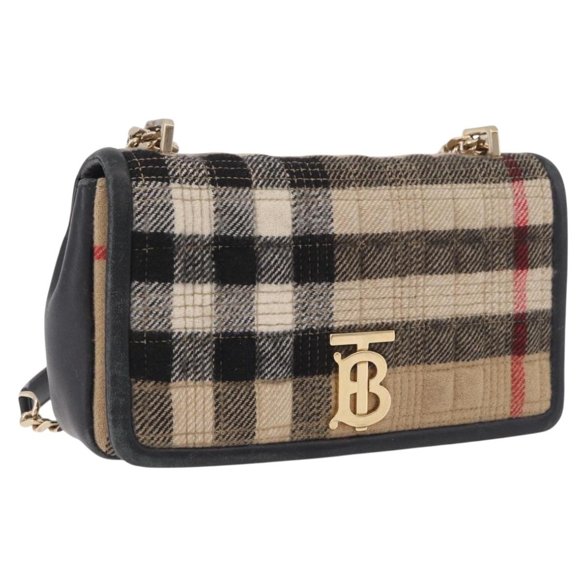 BURBERRY Nova Check Chain Shoulder Bag Cotton Beige Gold Auth 191600A