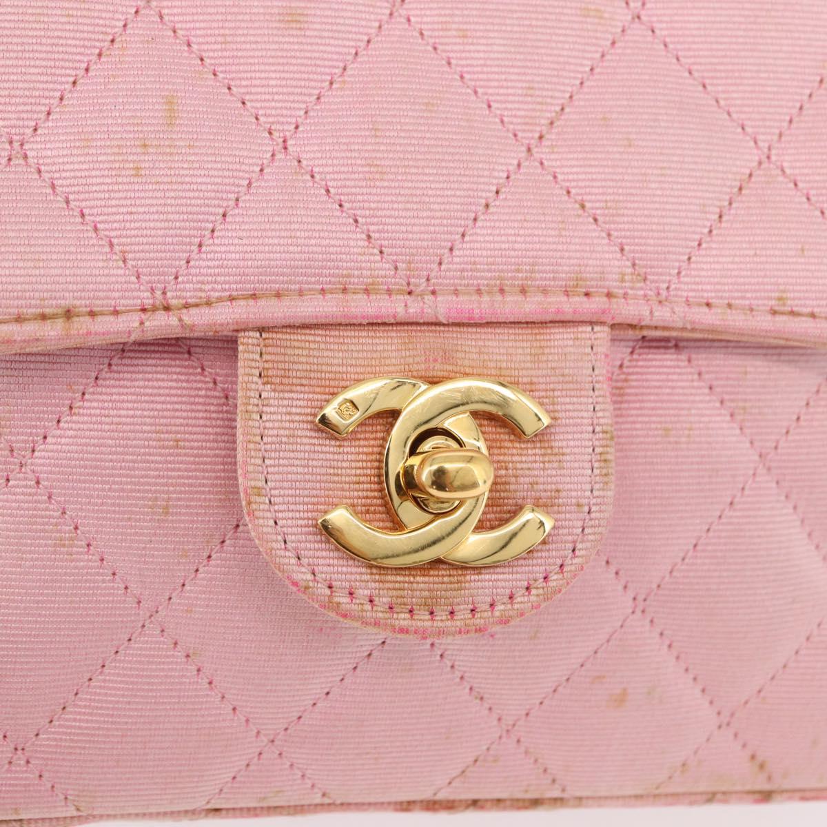 CHANEL Mini Matelasse 18 Chain Shoulder Bag Canvas Pink Gold CC Auth 191614