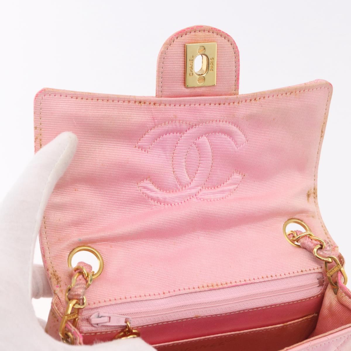 CHANEL Mini Matelasse 18 Chain Shoulder Bag Canvas Pink Gold CC Auth 191614