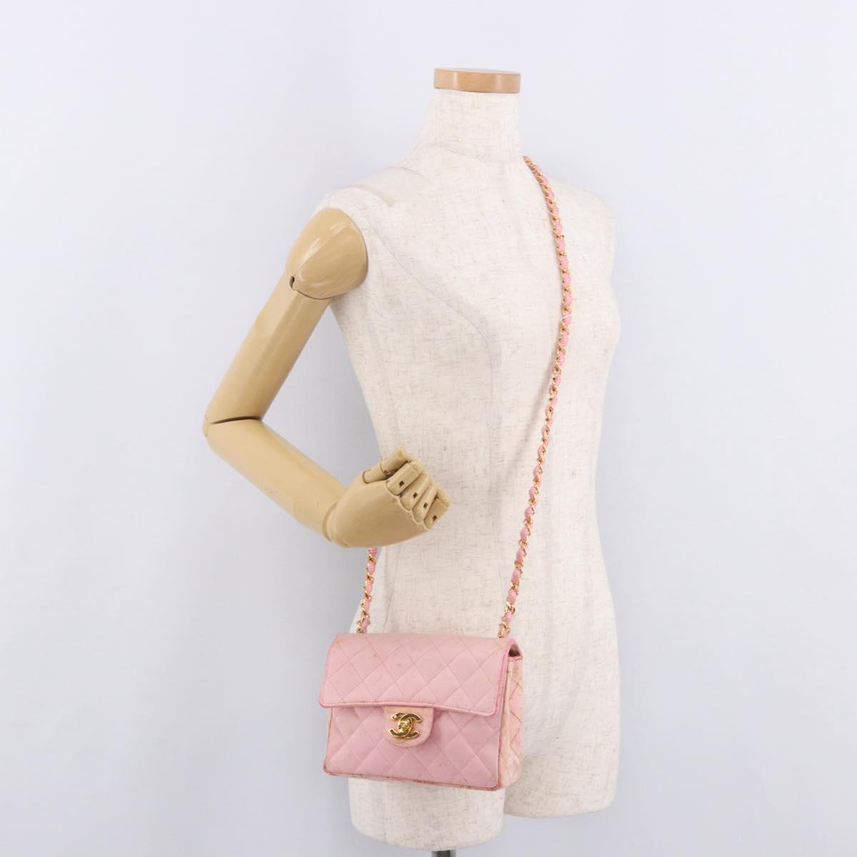 CHANEL Mini Matelasse 18 Chain Shoulder Bag Canvas Pink Gold CC Auth 191614