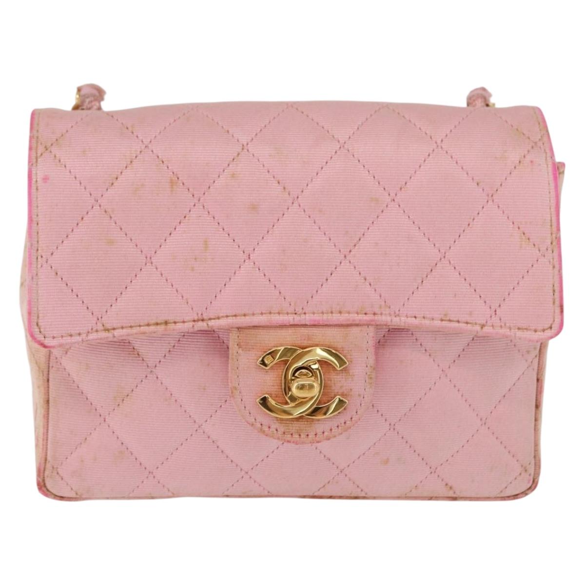 CHANEL Mini Matelasse 18 Chain Shoulder Bag Canvas Pink Gold CC Auth 191614