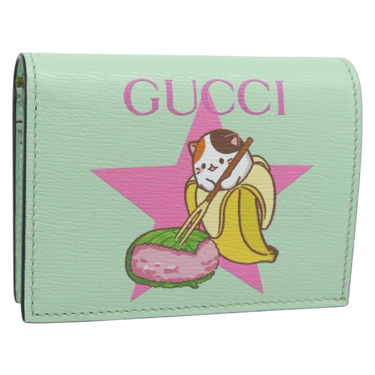 GUCCI Bananya Compact Wallet Leather Mint Green 701009 Auth 191625M