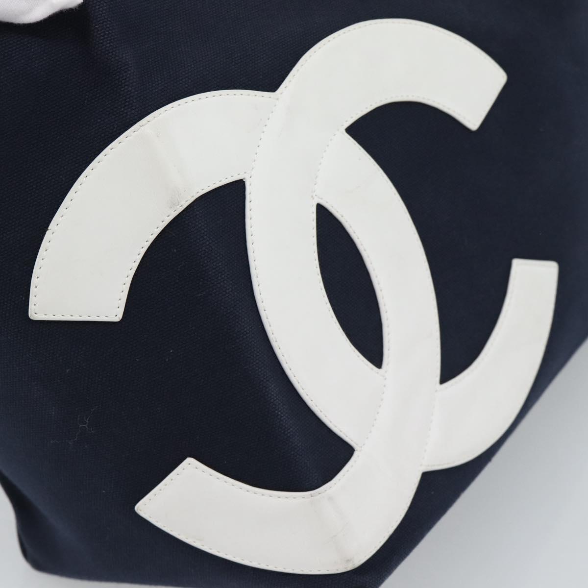 CHANEL Choco Bar Chain Tote Bag Canvas Navy Silver CC Auth 191645A