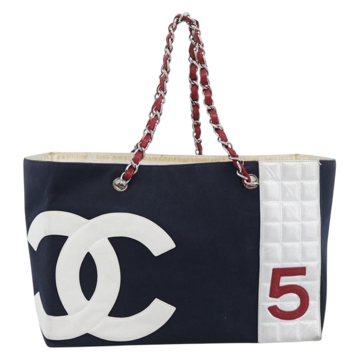 CHANEL Choco Bar Chain Tote Bag Canvas Navy Silver CC Auth 191645A