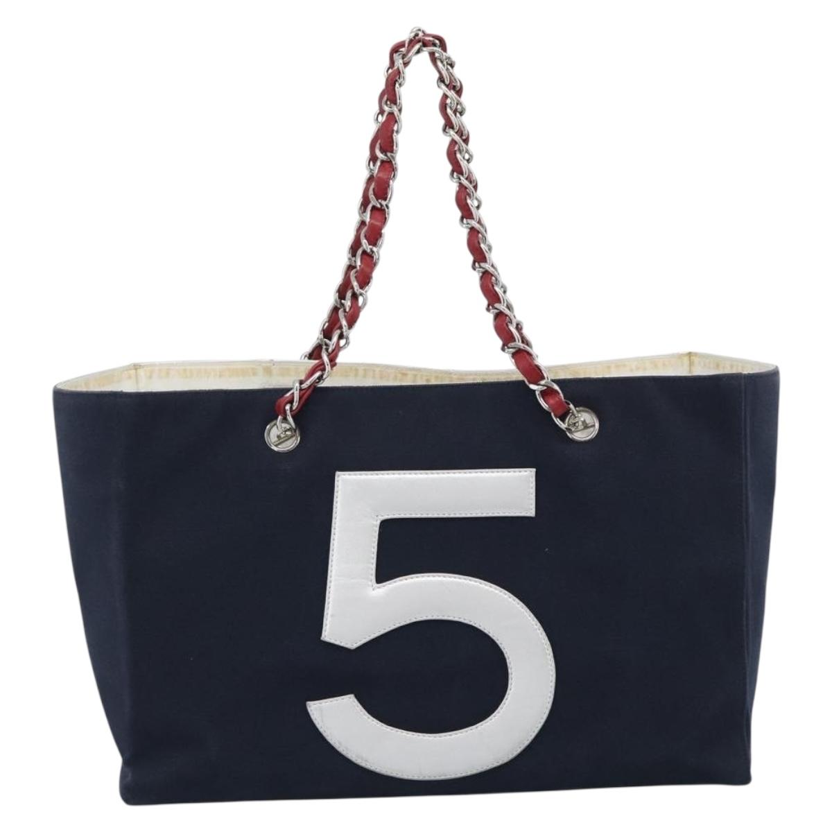 CHANEL Choco Bar Chain Tote Bag Canvas Navy Silver CC Auth 191645A