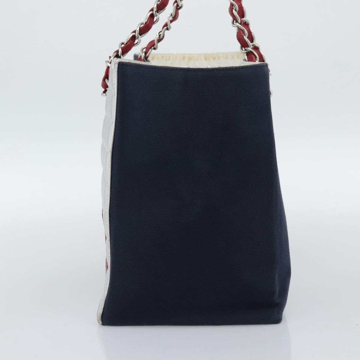 CHANEL Choco Bar Chain Tote Bag Canvas Navy Silver CC Auth 191645A