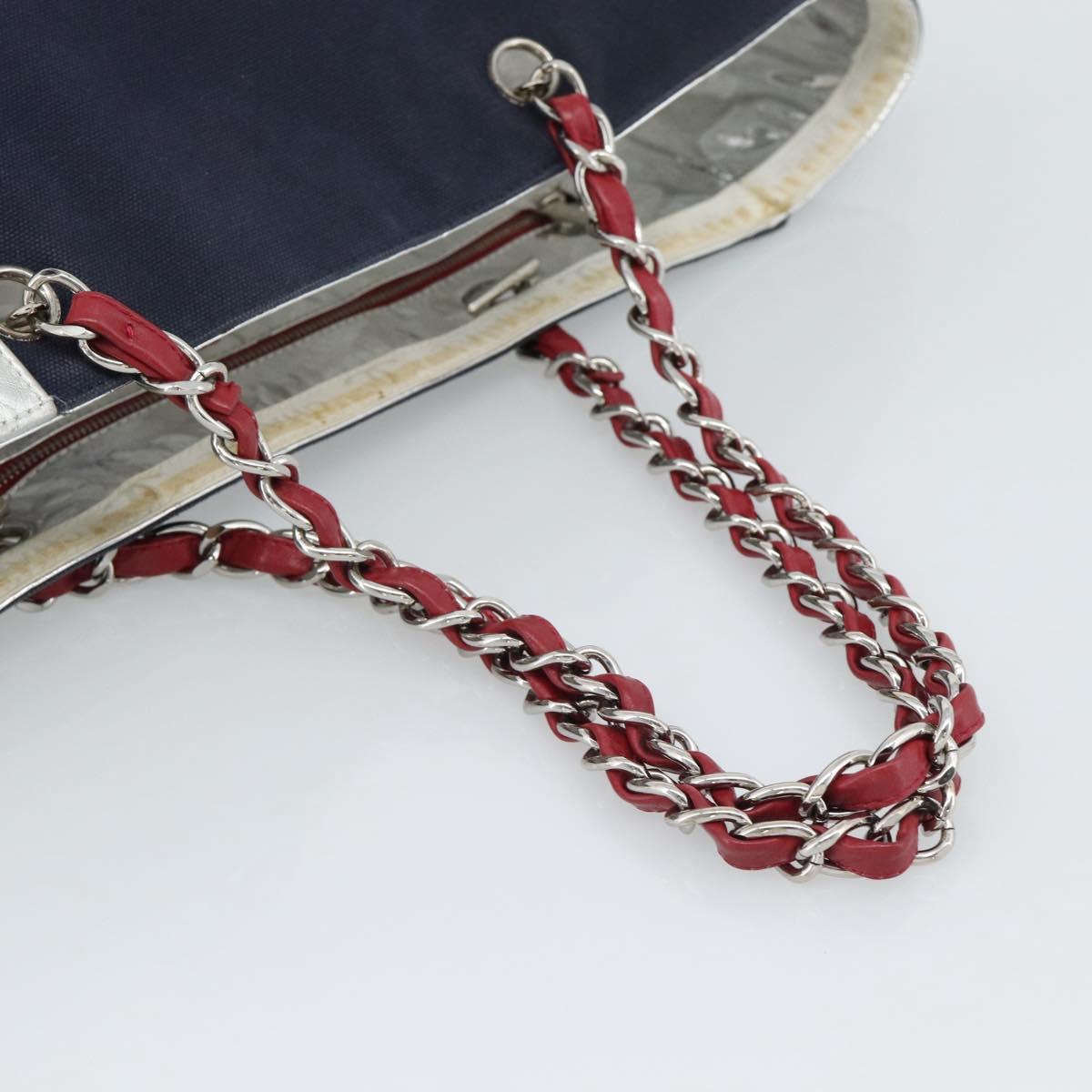 CHANEL Choco Bar Chain Tote Bag Canvas Navy Silver CC Auth 191645A